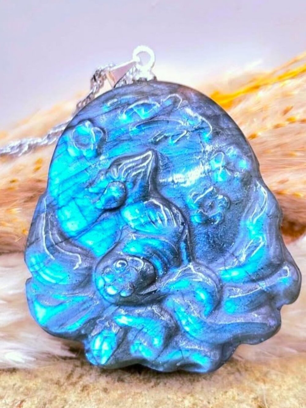 Labradorite Nine Tails Fox Pendant • 1.3" Carved Crystal Necklace • Strong Flash